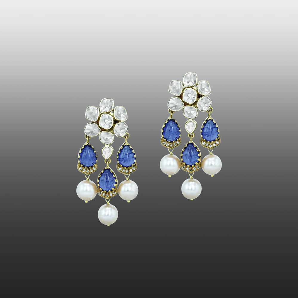 Tanzanite Necklace Set with Polki Diamonds and Pearl Drops